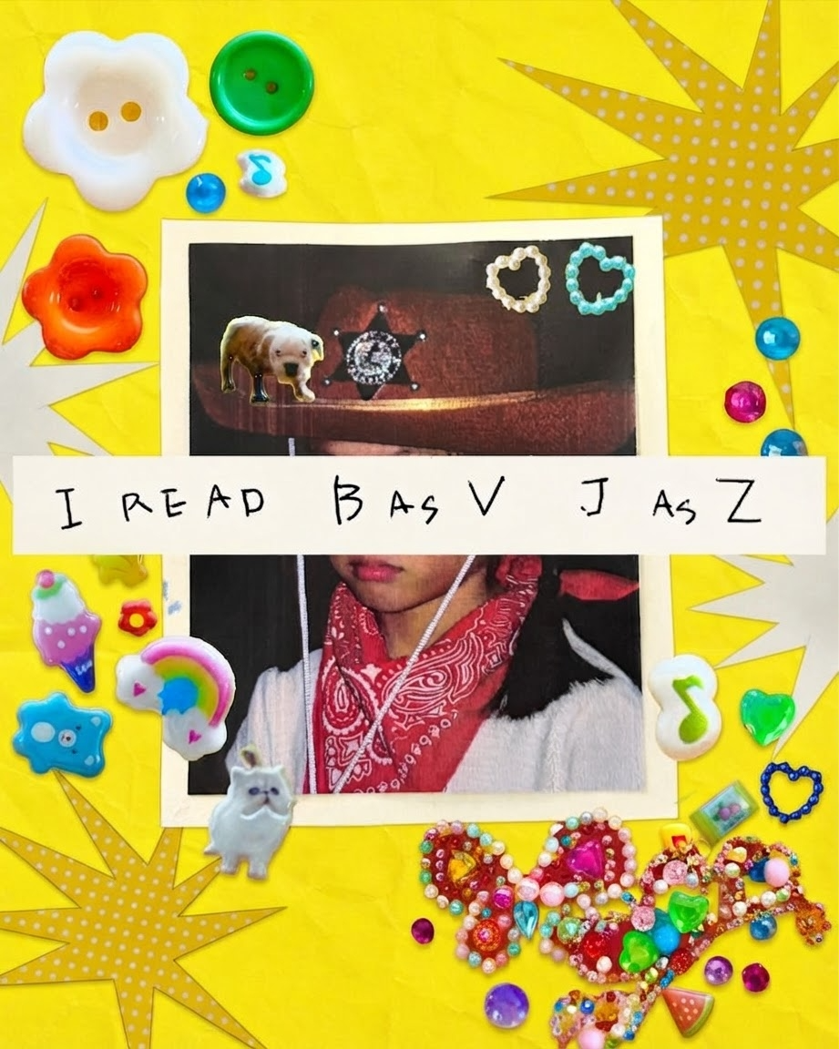 A yellow scrapbook collage reading: I READ B AS V, J AS Z.