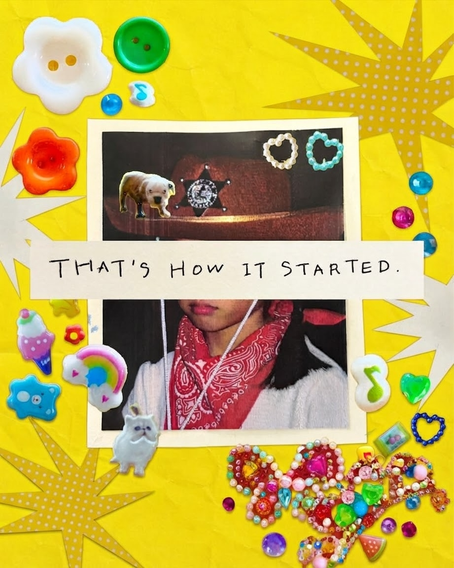 A yellow scrapbook collage reading: THAT'S HOW IT STARTED.