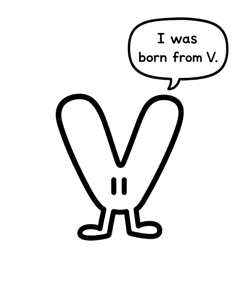V-shaped character saying I was born from V.